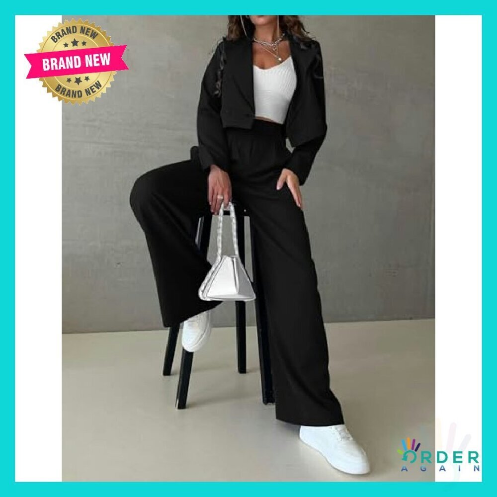 Cropped Blazer Wide Leg Pants Suit Set Business Casual Elegant Work Office - Picture 2 of 6